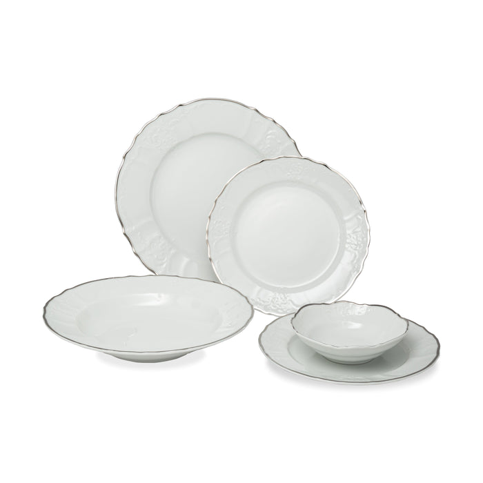 Vikko Luxe - Bernadotte Silver, White, 20 Pc  Dinnerware Set, includes Service For 4, Dinner, Salad, Soup, Bread & Butter, Dessert