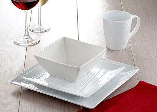 Trudeau - Woodgrain Square Fine Porcelain, 16 Pc Dinnerware Set,