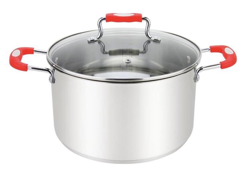 Millvado-Urban SS Stock Pot /W Glass Lid Silicone Handles, Red, 3 Qt, 7" X 4.3"